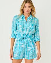 Load image into Gallery viewer, Sea View Linen Button Down Shirt - Capri Blue Roseys Petals
