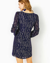 Load image into Gallery viewer, Cleme Silk Dress - True Navy Fish Clip Chiffon