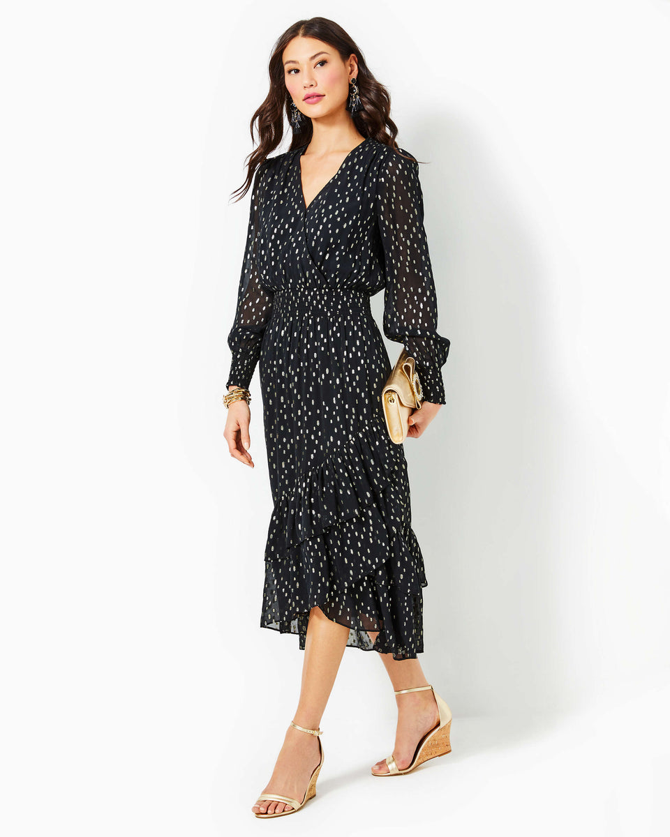 Kate spade smocked clip midi clearance dress