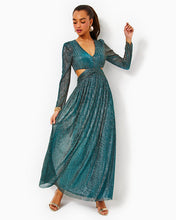 Load image into Gallery viewer, Latrice Long Sleeve Maxi Dress - Blue Rhapsody Metallic Knit Crinkle