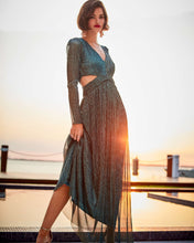 Load image into Gallery viewer, Latrice Long Sleeve Maxi Dress - Blue Rhapsody Metallic Knit Crinkle