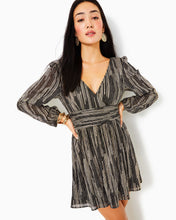 Load image into Gallery viewer, Riza Long Sleeve Romper - Onyx X Gold Metallic Rope Stripe Crinkle Knit