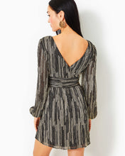 Load image into Gallery viewer, Riza Long Sleeve Romper - Onyx X Gold Metallic Rope Stripe Crinkle Knit