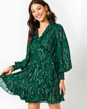 Load image into Gallery viewer, Birdy Long Sleeve Silk Wrap Dress - Evergreen Fish Clip Chiffon