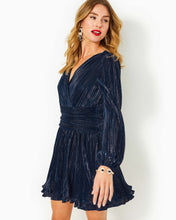 Load image into Gallery viewer, Jessamie Long Sleeve Dress -  Low Tide Navy Foil Printed Crinkle Woven