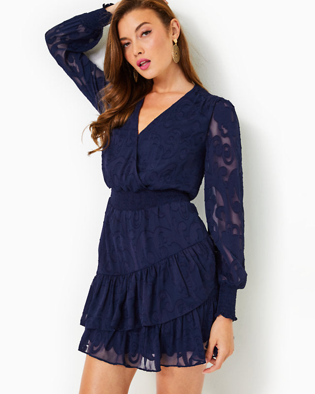 chinese dress ladies Cristiana Long Sleeve Dress - True Navy Poly Crepe Swirl Clip – The Islands