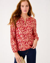 Load image into Gallery viewer, Giana Long Sleeve Silk Top - Cranberry Red Leafy Babe Metallic Silk Clip