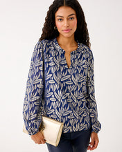 Load image into Gallery viewer, Giana Long Sleeve Silk Top - Low Tide Navy Leafy Babe Metallic Silk Clip