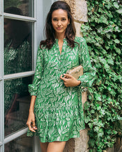 Load image into Gallery viewer, Evaline Silk Popover Dress - Bamboo Green Leafy Babe Metallic Silk Clip