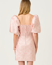Load image into Gallery viewer, Justina Puff Sleeve Skirted Romper - Conch Shell Pink Ritsy Ditsy Metallic Brocade