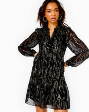 Load image into Gallery viewer, Winona Silk Swing Dress - Onyx Fish Clip Gold Chiffon