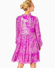 Load image into Gallery viewer, Sarita Silk Dress - Wild Fuchsia Palm Leaf Silk Clip Chiffon