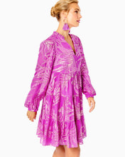 Load image into Gallery viewer, Sarita Silk Dress - Wild Fuchsia Palm Leaf Silk Clip Chiffon