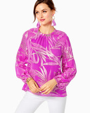 Load image into Gallery viewer, Caline Silk Top - Wild Fuchsia Palm Leaf Silk Clip Chiffon