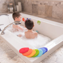 Load image into Gallery viewer, BATHIN' SMART RAINBOW SPOTS SILICONE BATH TOY AND SCRUB FOR KIDS AND TODDLERS, 7-PACK.