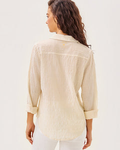 Sea View Button Down Top - Wicker Tan Ltwt Oxford Stripe