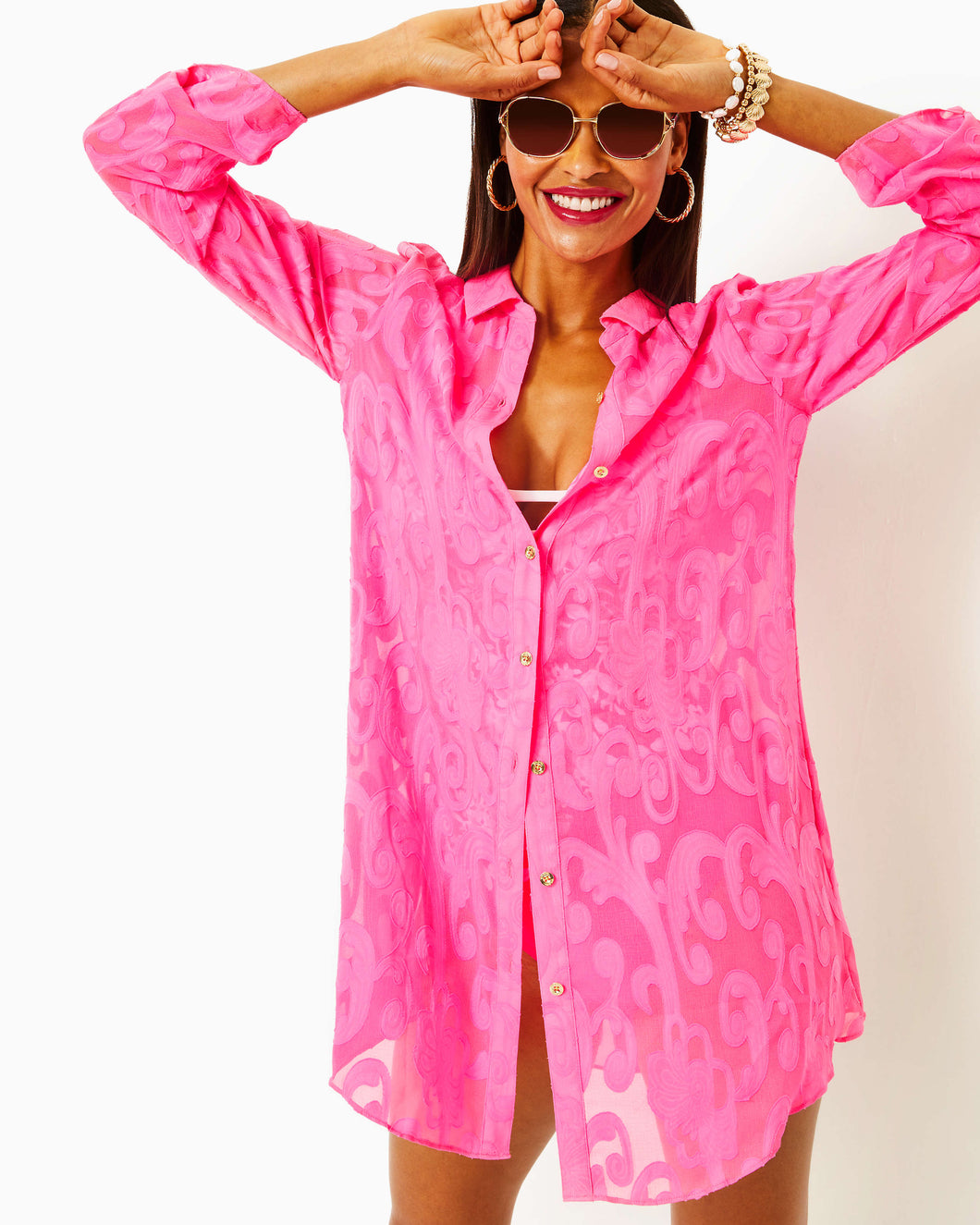 Natalie Shirtdress Cover-Up - Roxie Pink Poly Crepe Swirl Clip