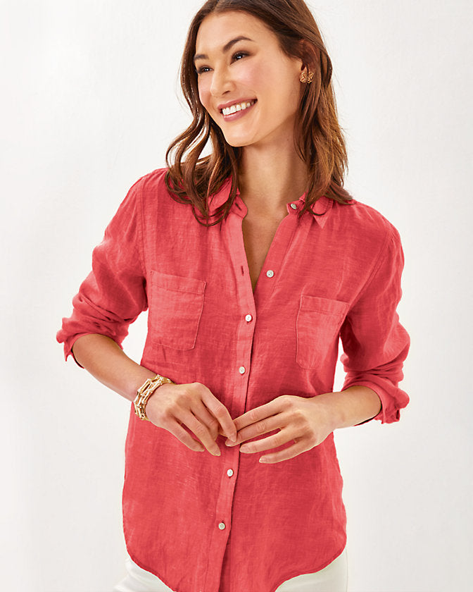 Sea View Linen Button Down Top - Cane Coral X Sorbet Pink