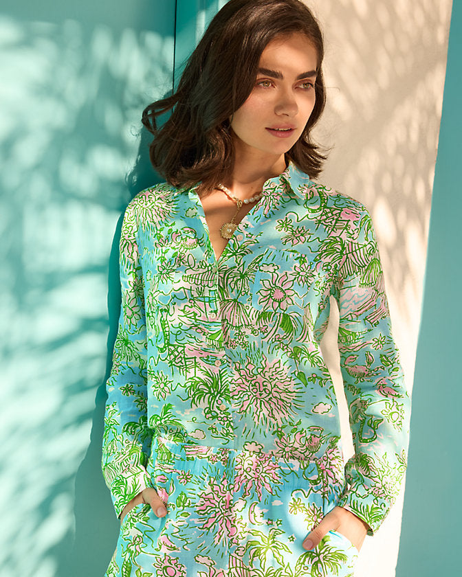 Sea View Linen Button Down Top - Fresh Water Blue Sunbathers