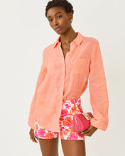 Load image into Gallery viewer, Sea View Linen Button Down Shirt - Sunset Orange X Resort White
