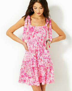 Kailua Smocked Dress - Peony Pink Seaside Scene
