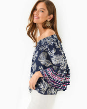 Load image into Gallery viewer, Kaori Off-the-Shoulder Top - Low Tide Navy Coastal Locale Engineered Woven Top
