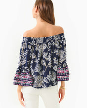 Load image into Gallery viewer, Kaori Off-the-Shoulder Top - Low Tide Navy Coastal Locale Engineered Woven Top
