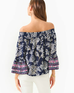 Kaori Off-the-Shoulder Top - Low Tide Navy Coastal Locale Engineered Woven Top