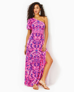 Solana One-Shoulder Maxi Dress - Havana Pink Turtle Tidepool Engineered Knit Dress