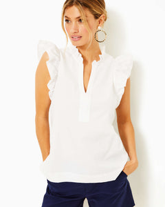 Klaudie Ruffle Sleeve Cotton Top - Resort White