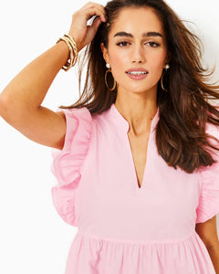 Aldena Ruffle Sleeve Cotton Dress - Conch Shell Pink