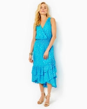 Load image into Gallery viewer, Valeri Midi Dress - Cumulus Blue Viscose Metallic Clip Dobby
