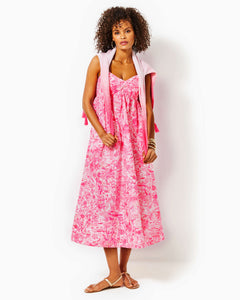 Azora Cotton Midi Dress - Peony Pink Seaside Scene