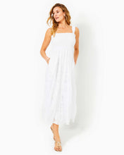 Load image into Gallery viewer, Hadly Smocked Maxi Dress - Resort White Poly Crepe Swirl Clip
