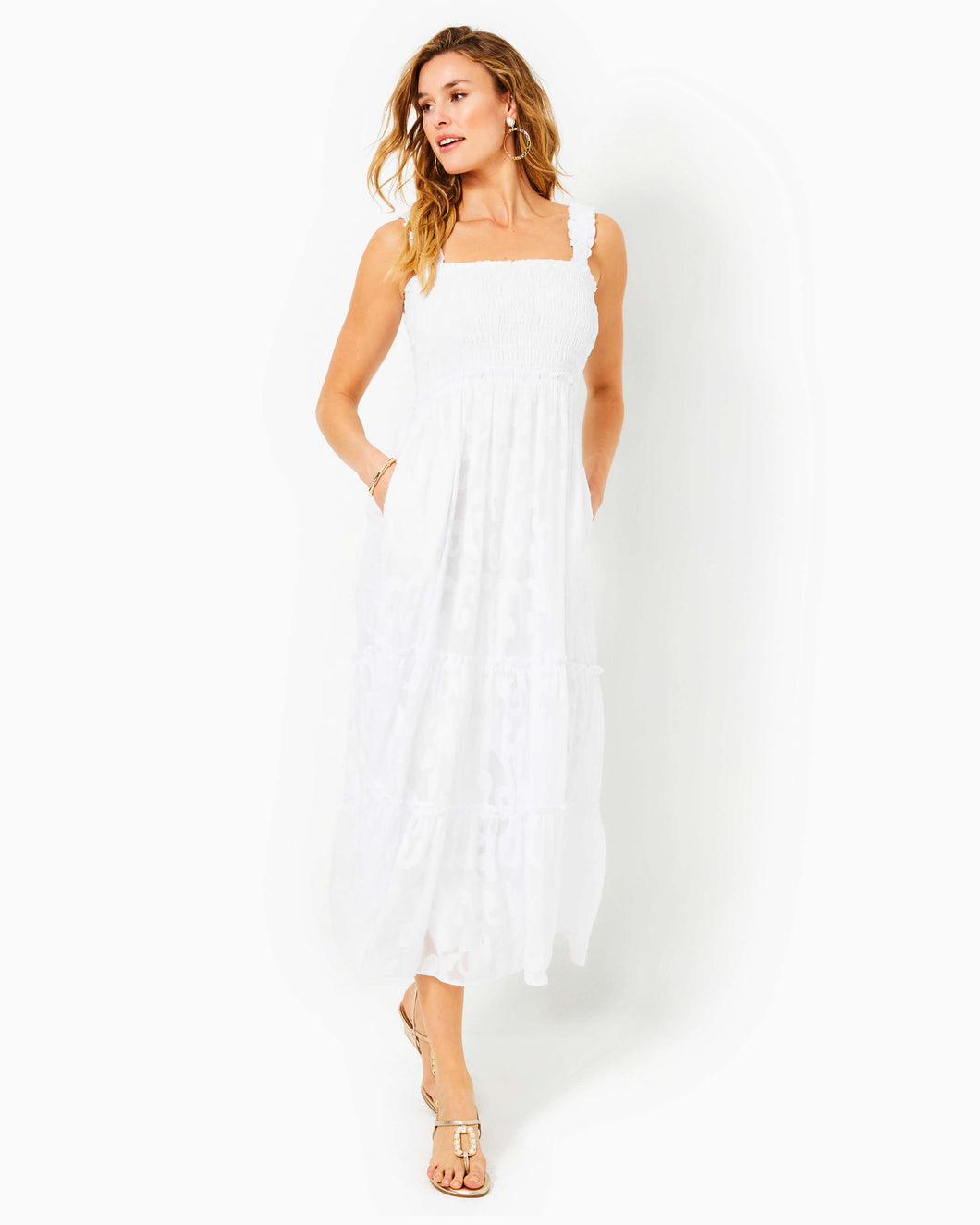 Hadly Smocked Maxi Dress - Resort White Poly Crepe Swirl Clip