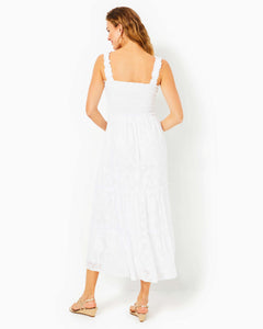 Hadly Smocked Maxi Dress - Resort White Poly Crepe Swirl Clip