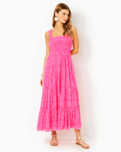 Load image into Gallery viewer, Hadly Smocked Maxi Dress - Roxie Pink Poly Crepe Swirl Clip
