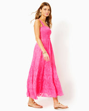 Load image into Gallery viewer, Hadly Smocked Maxi Dress - Roxie Pink Poly Crepe Swirl Clip
