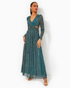 Latrice Long Sleeve Maxi Dress - Blue Rhapsody Metallic Knit Crinkle