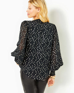 Rowe Long Sleeve Top - Onyx Viscose Metallic Clip Dobby