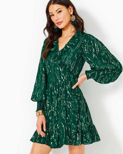 Birdy Long Sleeve Silk Wrap Dress - Evergreen Fish Clip Chiffon