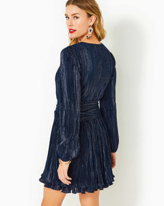 Jessamie Long Sleeve Dress -  Low Tide Navy Foil Printed Crinkle Woven