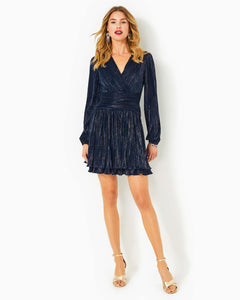 Jessamie Long Sleeve Dress -  Low Tide Navy Foil Printed Crinkle Woven