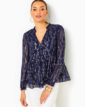 Load image into Gallery viewer, Sarita Silk Top - True Navy Fish Clip Chiffon
