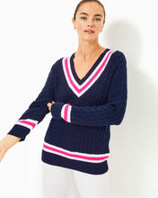 Load image into Gallery viewer, Brockton Cotton Sweater - Low Tide Navy X Passion Fruit Pink Tipping
