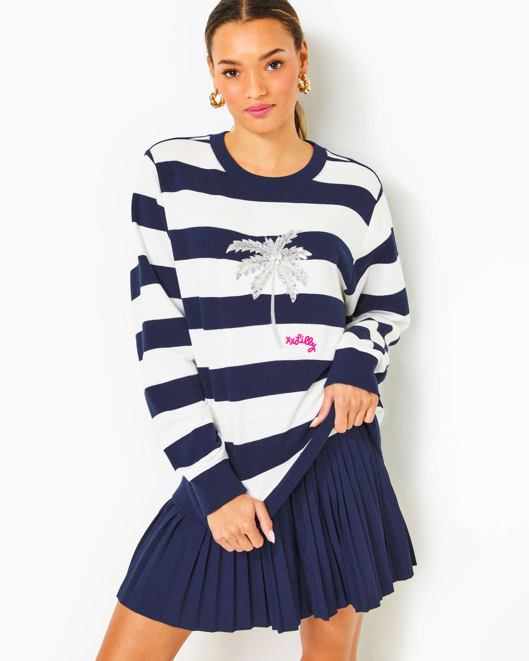 Ballad Cotton Sweatshirt - Low Tide Navy Palm Tree Embellished Graphic