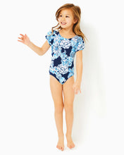 Load image into Gallery viewer, Girls Waterfall One-Piece Swimsuit - Low Tide Navy Bouquet All Day Swim
