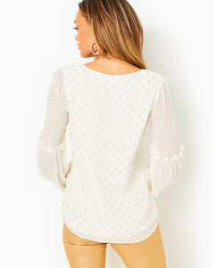 Cleme Long Sleeve Top - Coconut Viscose Metallic Clip Dot