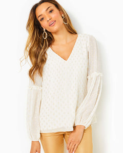 Cleme Long Sleeve Top - Coconut Viscose Metallic Clip Dot