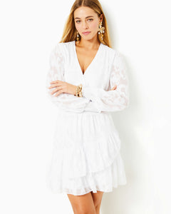 Cristiana Long Sleeve Dress - Resort White Poly Crepe Swirl Clip